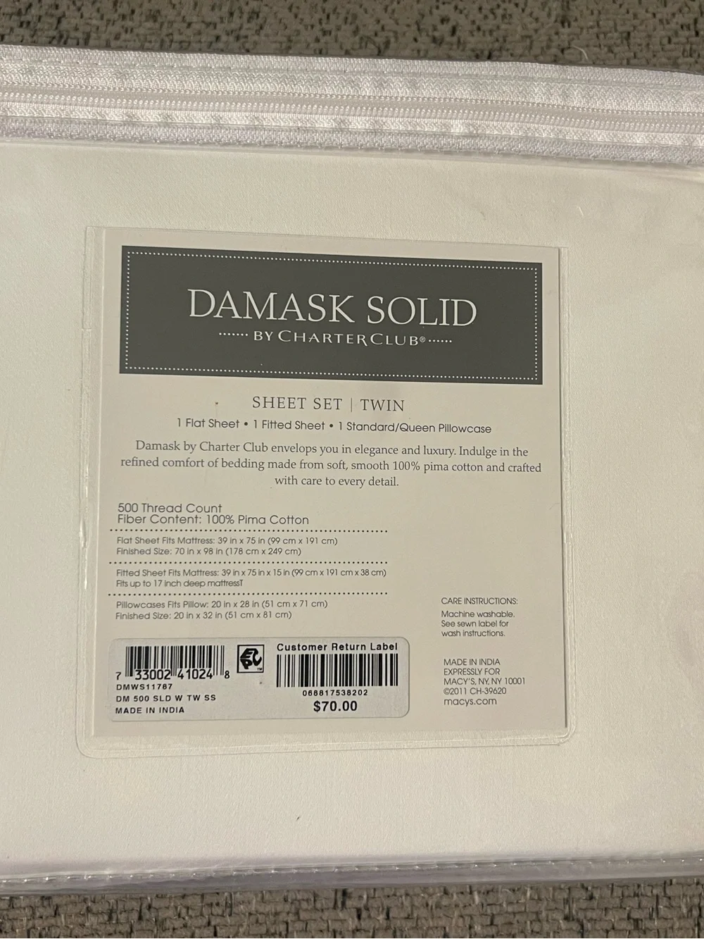 Damask Solid Twin Sheet Set by Charter Club - White, brand new